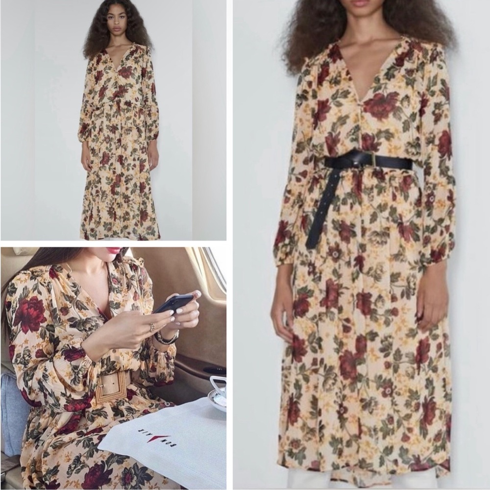 Zara Yellow/Orange Floral Print Midi Dress
